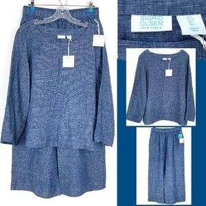 Sigrid Olsen 100% Linen Blue Chambray Casual Set Pants M & Top Sz L